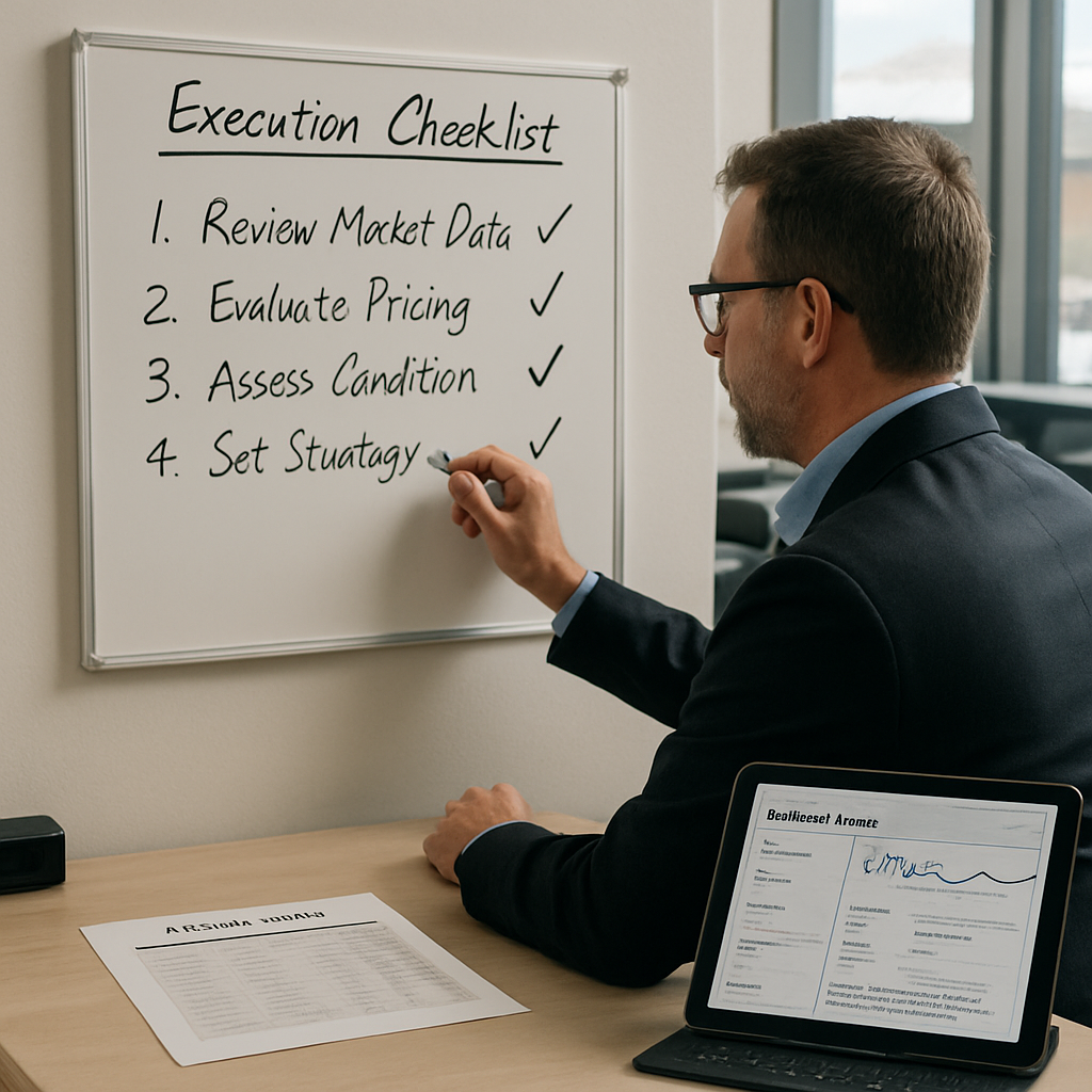 A professional used car manager working through an execution checklist during a guided inventory sprint A clean whiteboard with handwritten steps and-1