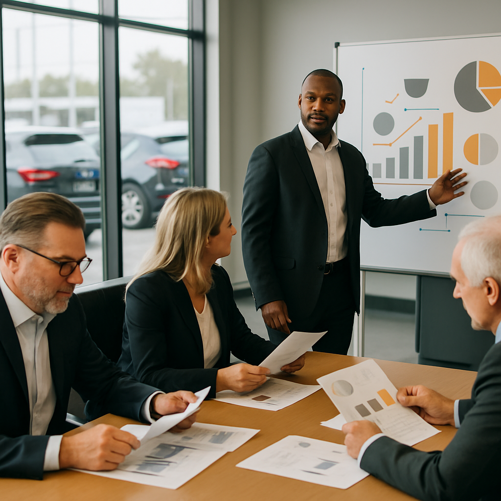 Automotive leadership meeting in a dealership office One person presenting highlevel performance insights while others listen and review documents Pri Automotive leadership meeting in a dealership office One person presenting highlevel performance insights while others listen and review documents Pri