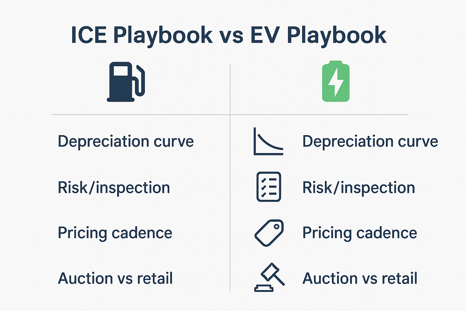 Clean infographic with two columns ICE Playbook vs EV Playbook Include 4 rows Depreciation curve Riskinspection Pricing cadence Auction vs retail Use-1
