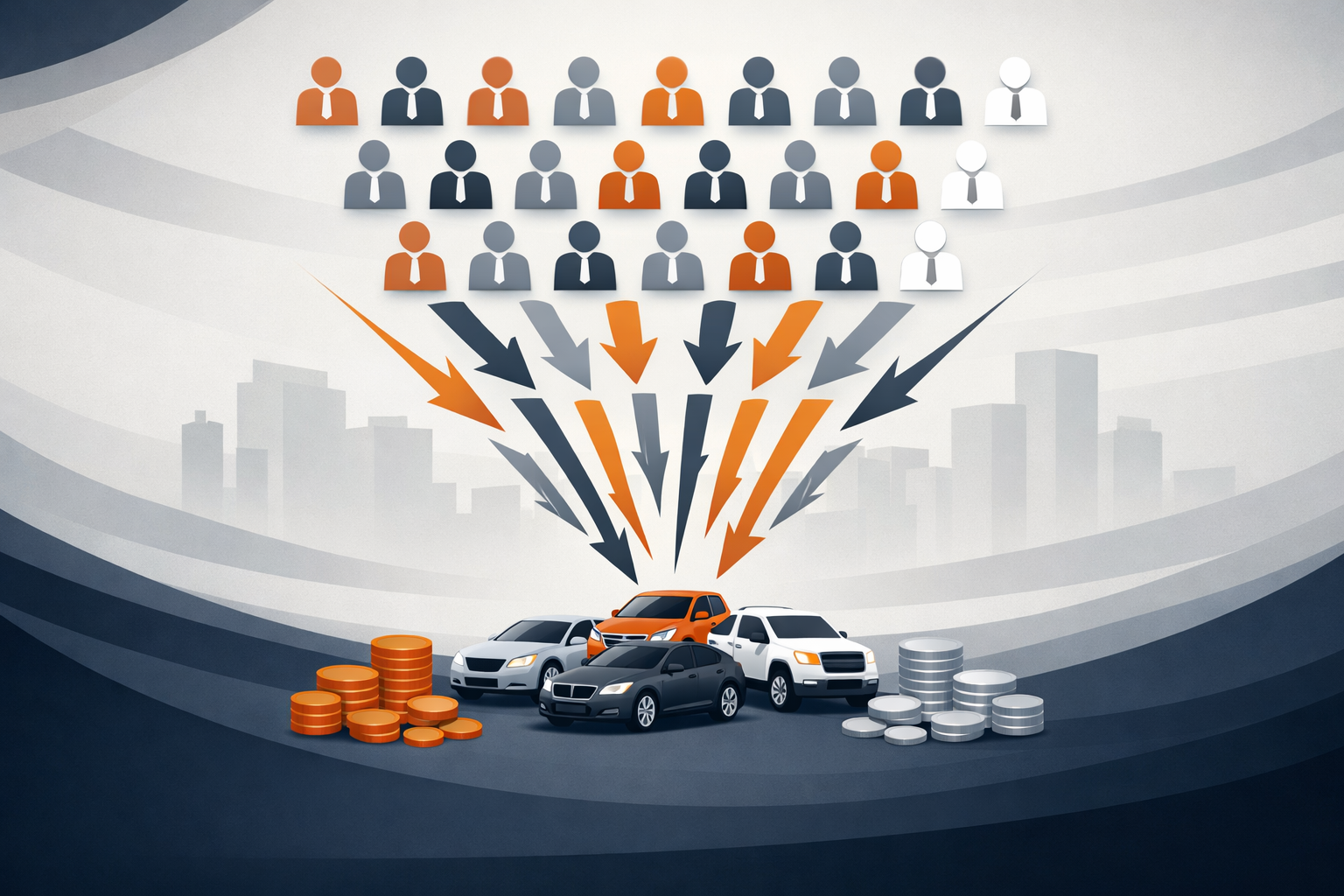 Create a clean executive automotive infographic with a designed background using orange gray and dark navy accents in the standard PPO style Show buyb