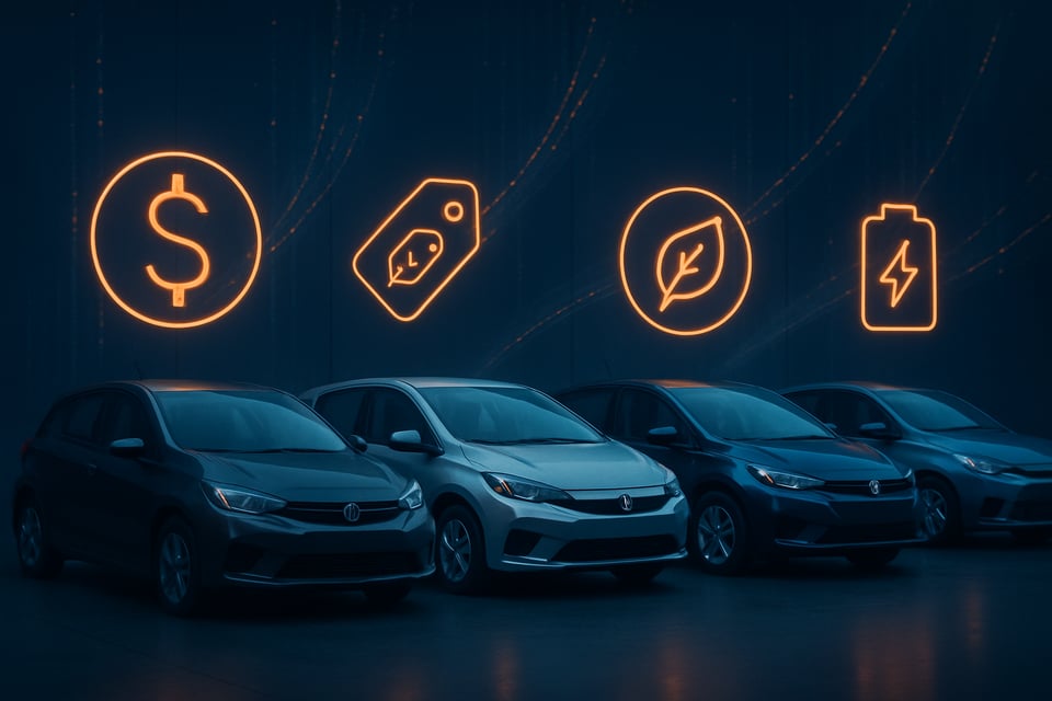 Create a photorealistic image that showcases a lineup of compact cars and hybrids each designed with sleek stylized icons that represent their value a-1