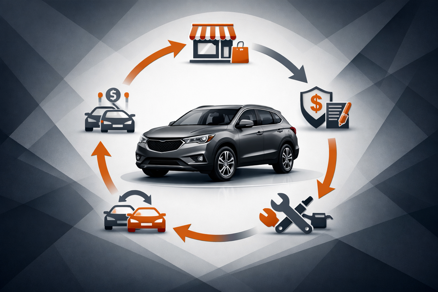 Create a premium executive infographic featuring a sleek used vehicle at the center surrounded by a harmonious circular flow of sharp minimalist icons-1
