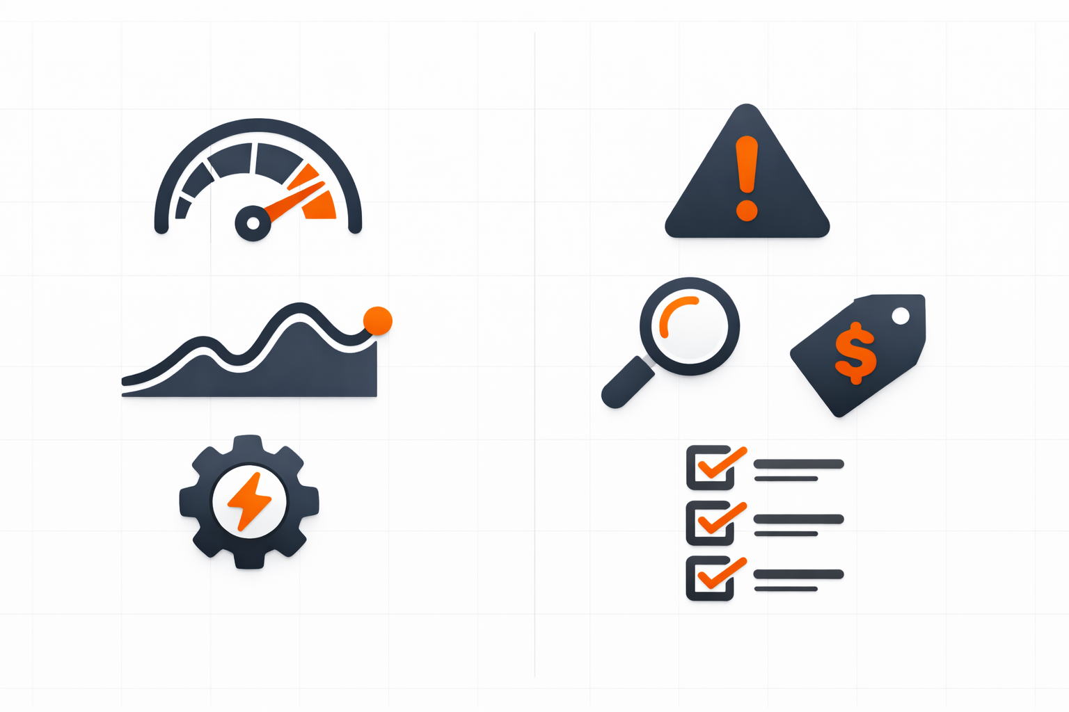 Create a sleek executive infographic with a crisp white background featuring a dashboardstyle grid On the left include a dark navy speedometer icon si