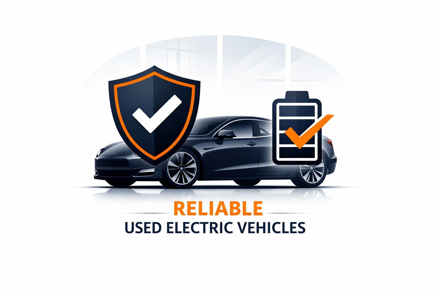 Create an executive infographic set against a crisp white background featuring the sleek silhouette of a used electric vehicle at the center Overlay a