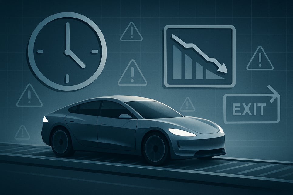 Envision a sleek futuristic vehicle gliding effortlessly on a metallic conveyor belt heading toward an oversized clock icon that looms ominously in th