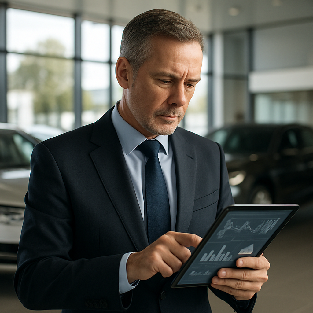 Experienced general manager or used car director reviewing performance data on a tablet in a modern dealership showroom Thoughtful focused expression-1
