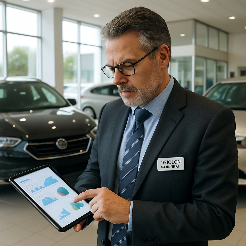 Experienced used car manager reviewing vehicle performance metrics with a tablet on the showroom floor modern dealership professional datadriven reali