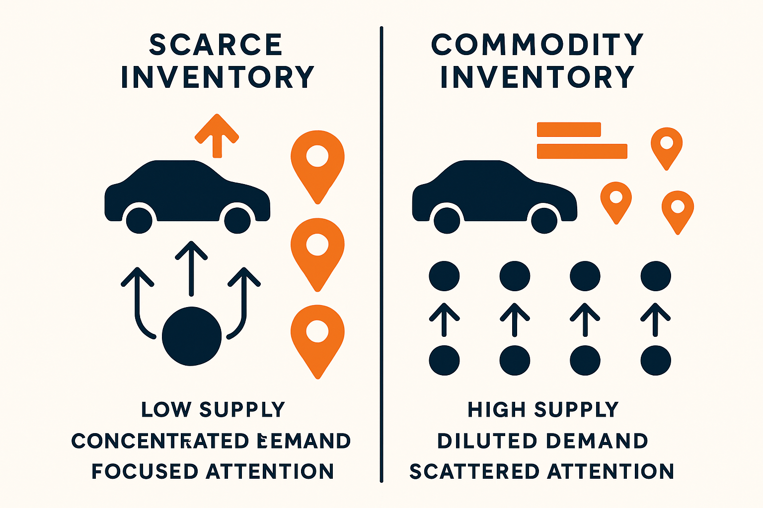 Conceptual comparison of scarce versus commodity inventory demand conditions.