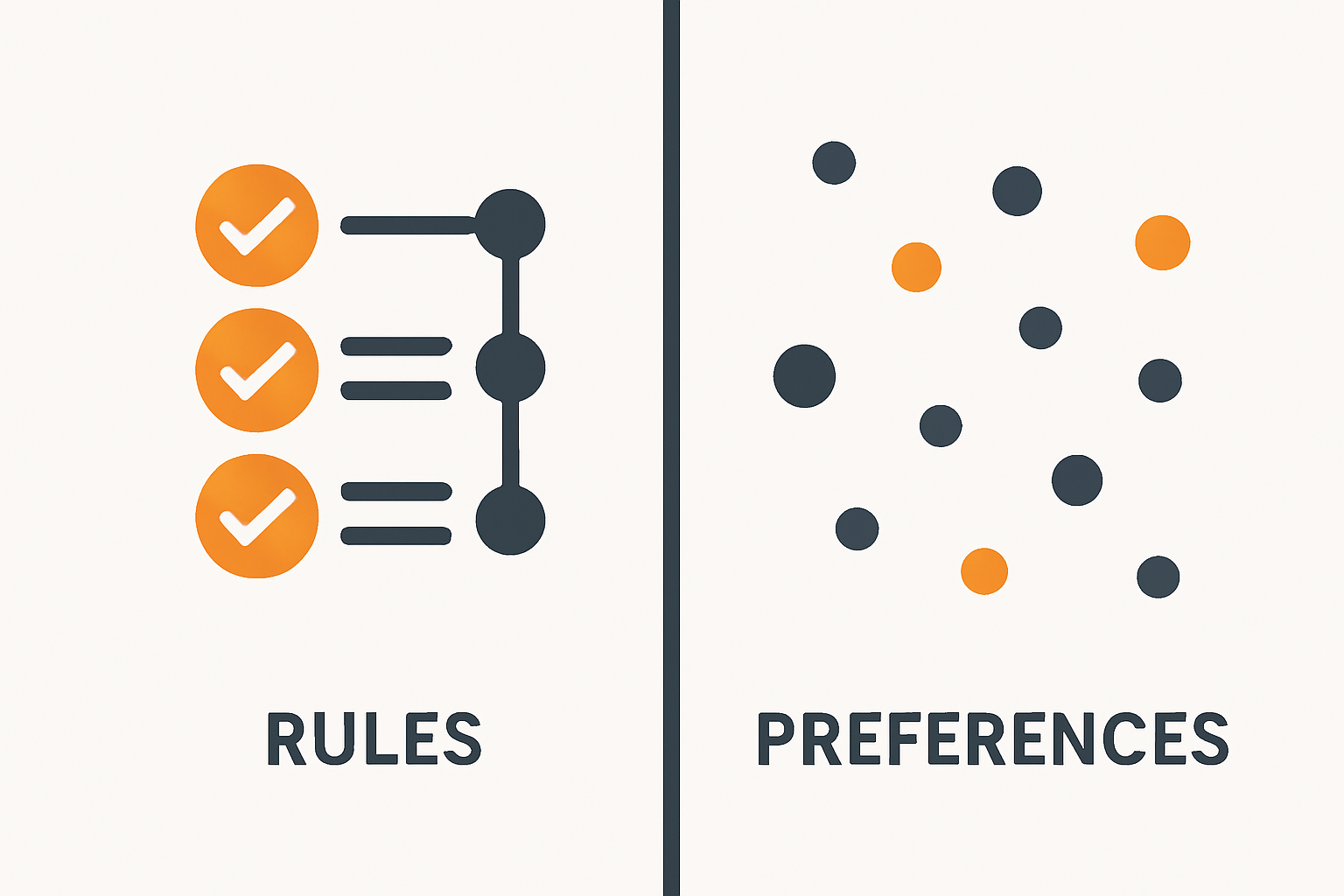 Infographic showing rules vs preferences as decision frameworks in used-car acquisition.