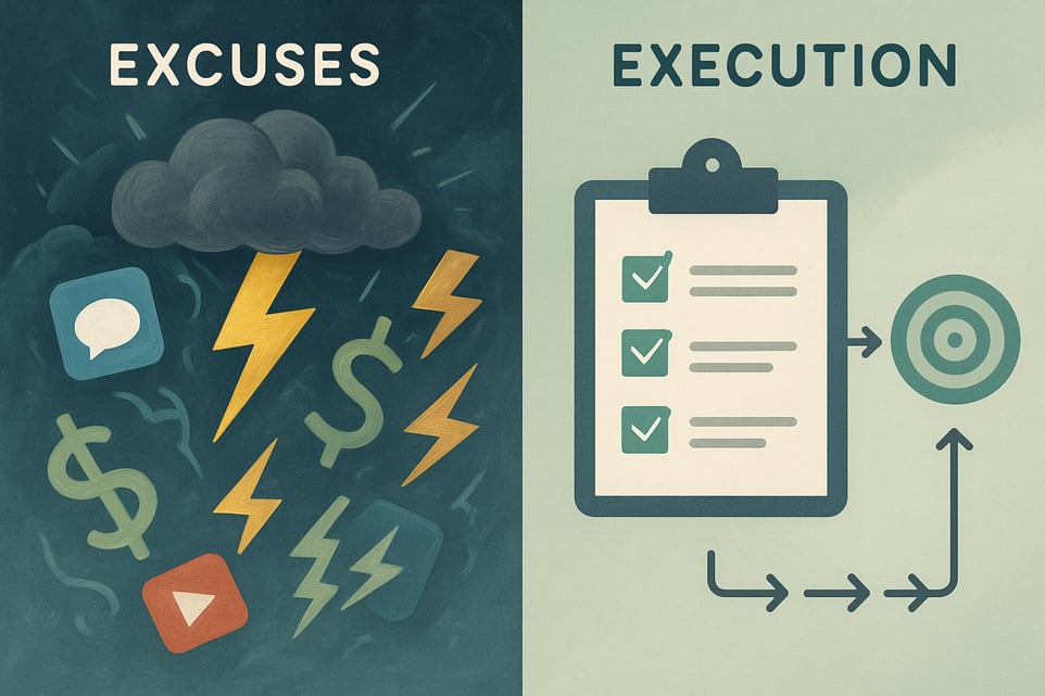 In a splitscreen composition the left side bursts with chaotic elements symbolizing excuses featuring floating app icons a dark storm cloud abstract e-1