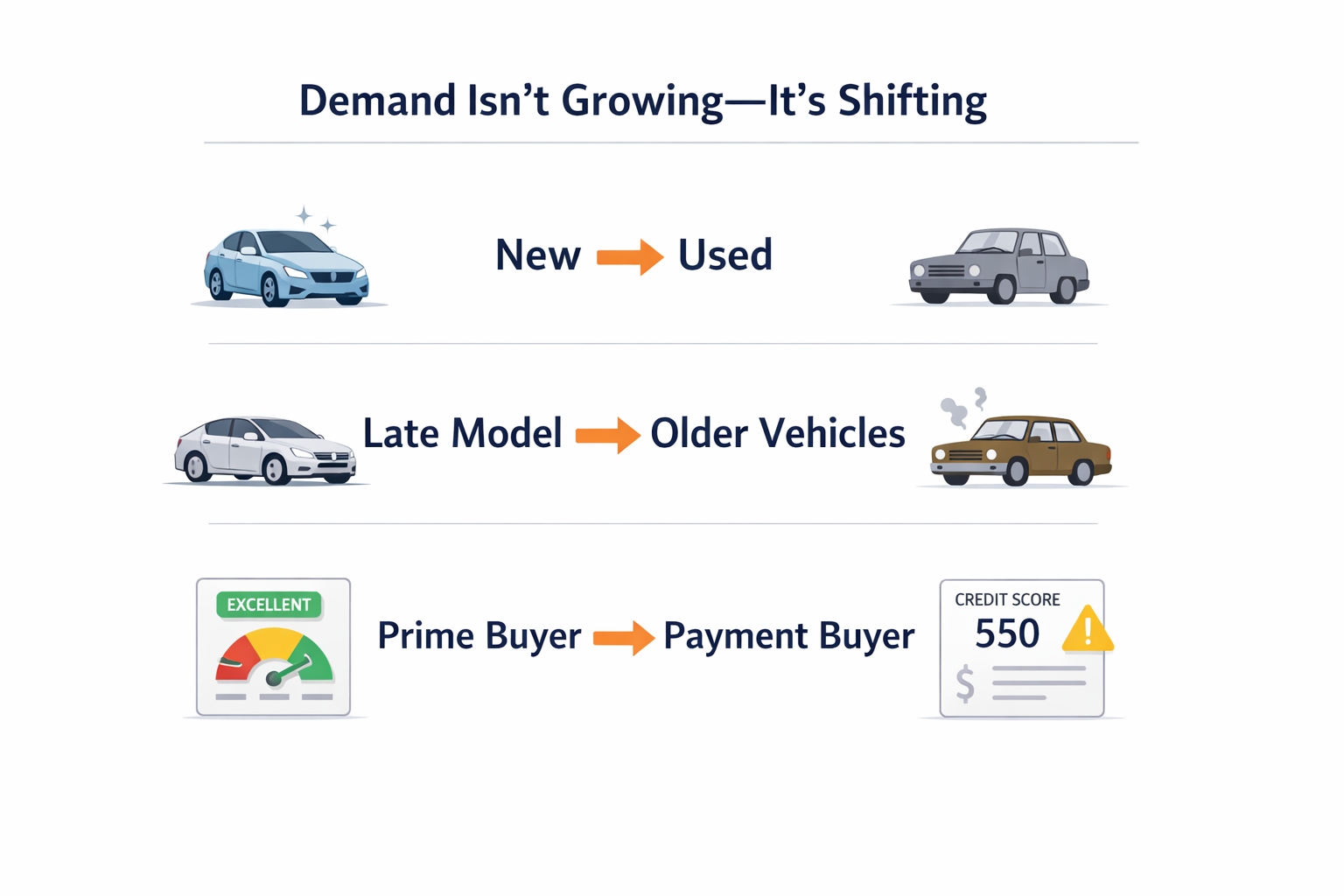 Minimal infographic white background titled Demand Isnt GrowingIts Shifting three directional arrows New Used Late Model Older Vehicles Prime Buyer-1