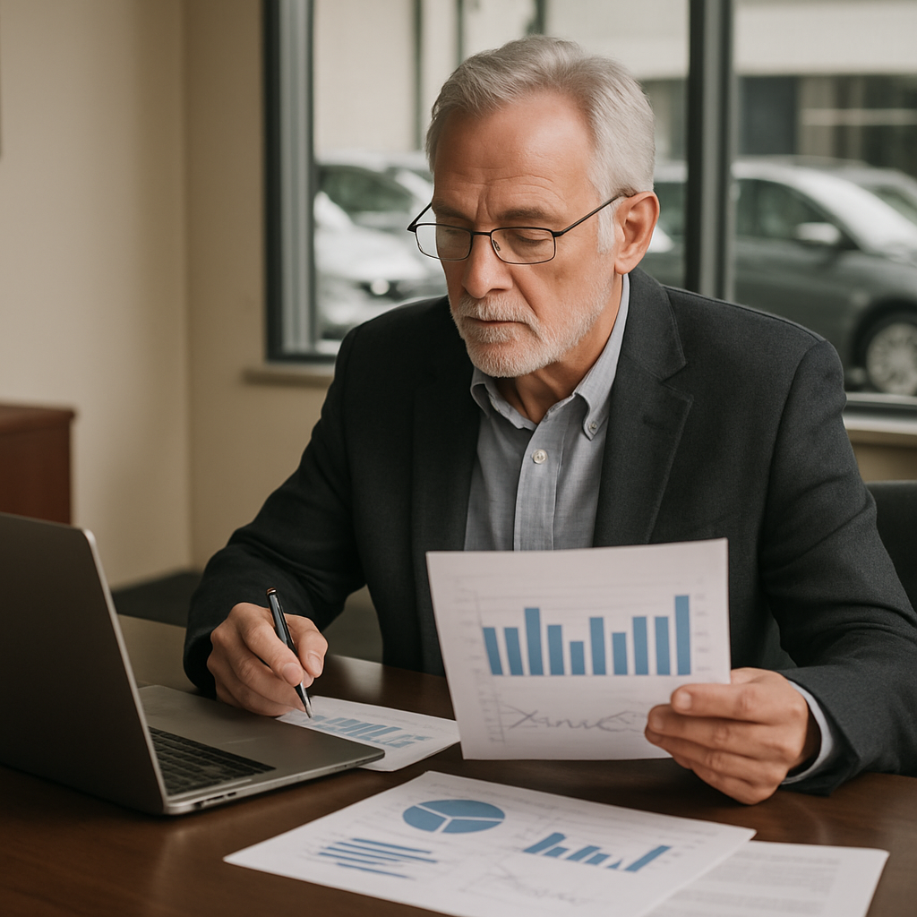 Senior automotive consultant reviewing used car inventory performance in a dealership office Laptop and printed reports on desk charts and notes visib-3