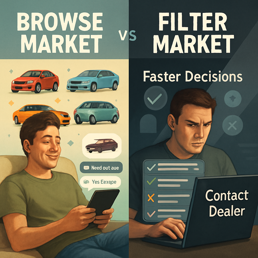 The photo realistic image of a split graphic titled Browse Market vs Filter Market On the left side the Browse Market section features a relaxed shopp-1