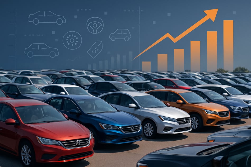 Visualize a modern photo realistic image depicting a bustling usedcar lot brimming with a diverse array of vehicles in various colors and styles sugge