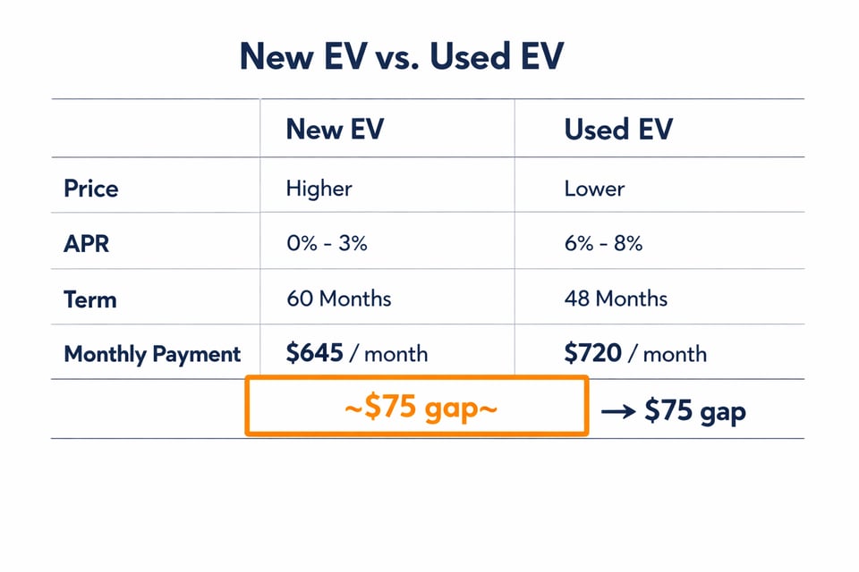 Payment comparison table showing new EV versus used EV price, APR, term length, and estimated monthly payment, illustrating a narrowing payment gap of approximately $75 and how incentive support compresses used EV pricing elasticity.