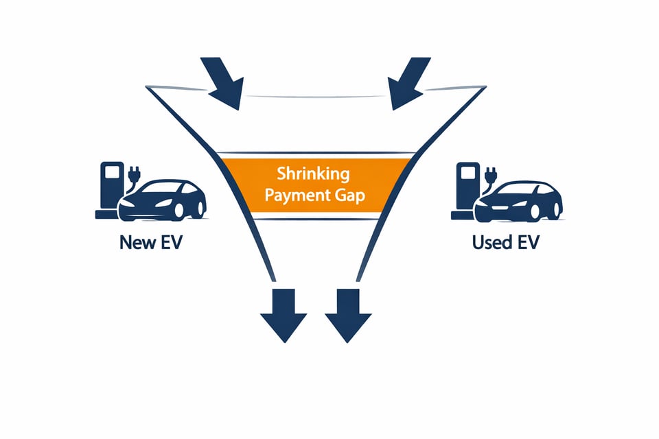 Infographic showing a narrowing payment gap between new EV and used EV represented as a shrinking funnel, demonstrating how incentive-driven payment compression tightens used EV retail elasticity before wholesale values move.