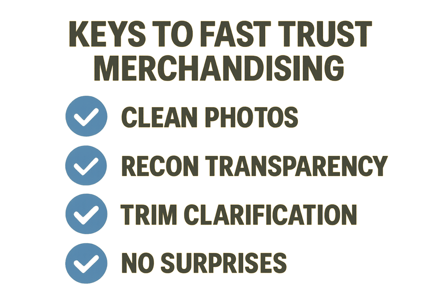 a graphic image for an inline blog post showing the keys to fast trust merchandising The list is Clean photos recon transparency trim clarification an-1