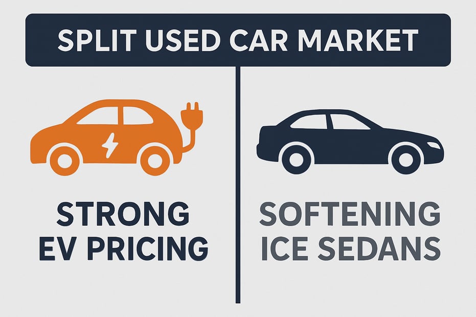 infographic showing a split used car market with strong EV pricing softening ICE sedans use navy blue light gray and orange accents