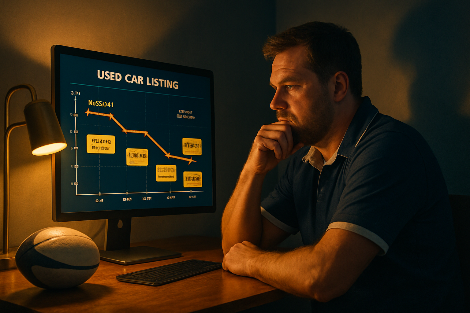 show a photorealistic image of a thoughtful rugby dad sits at a sleek desk illuminated by a warm desk lamp intently analyzing a digital screen display-1