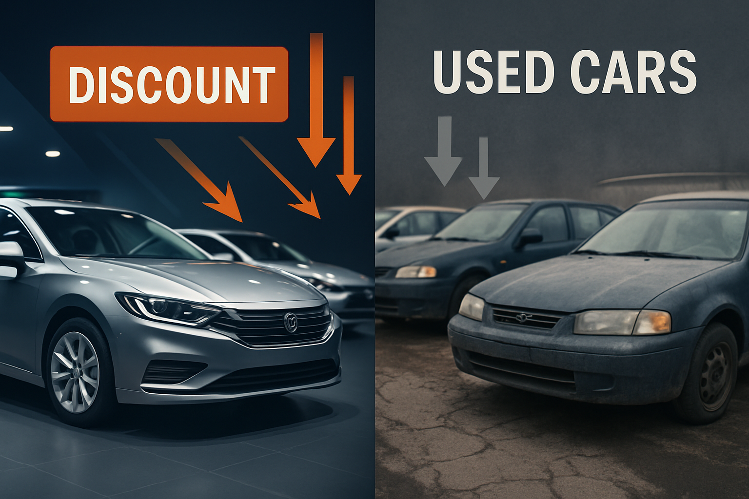 with a photorealistic image Illustrate a split graphic that juxtaposes two contrasting scenes on the left sleek discounted new cars gleam under bright-1