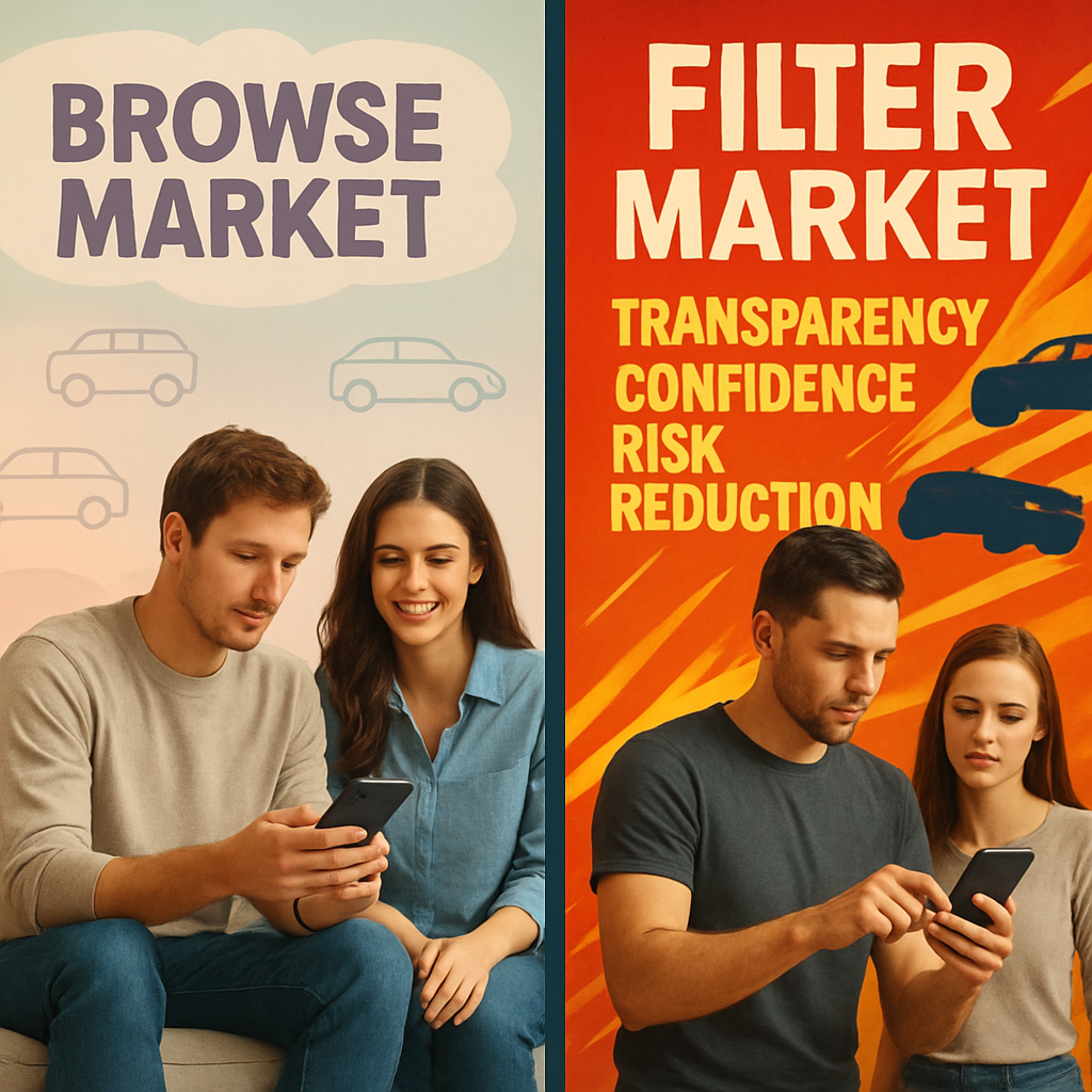 2026 market signal dashboard showing buyer filtering behavior, EV/hybrid mix shift, and transparency warning icon.