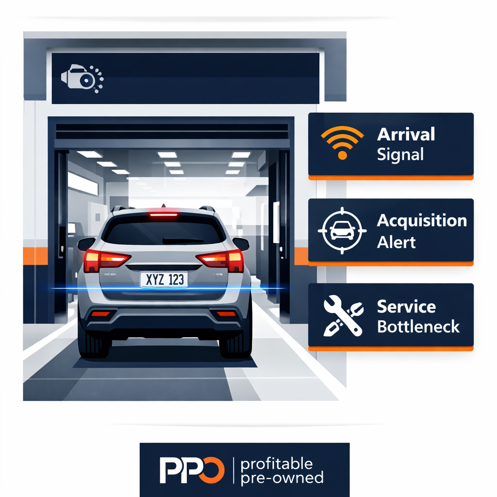 AI-powered dealership service drive showing vehicle acquisition alerts, operational bottleneck tracking, and license plate recognition technology.