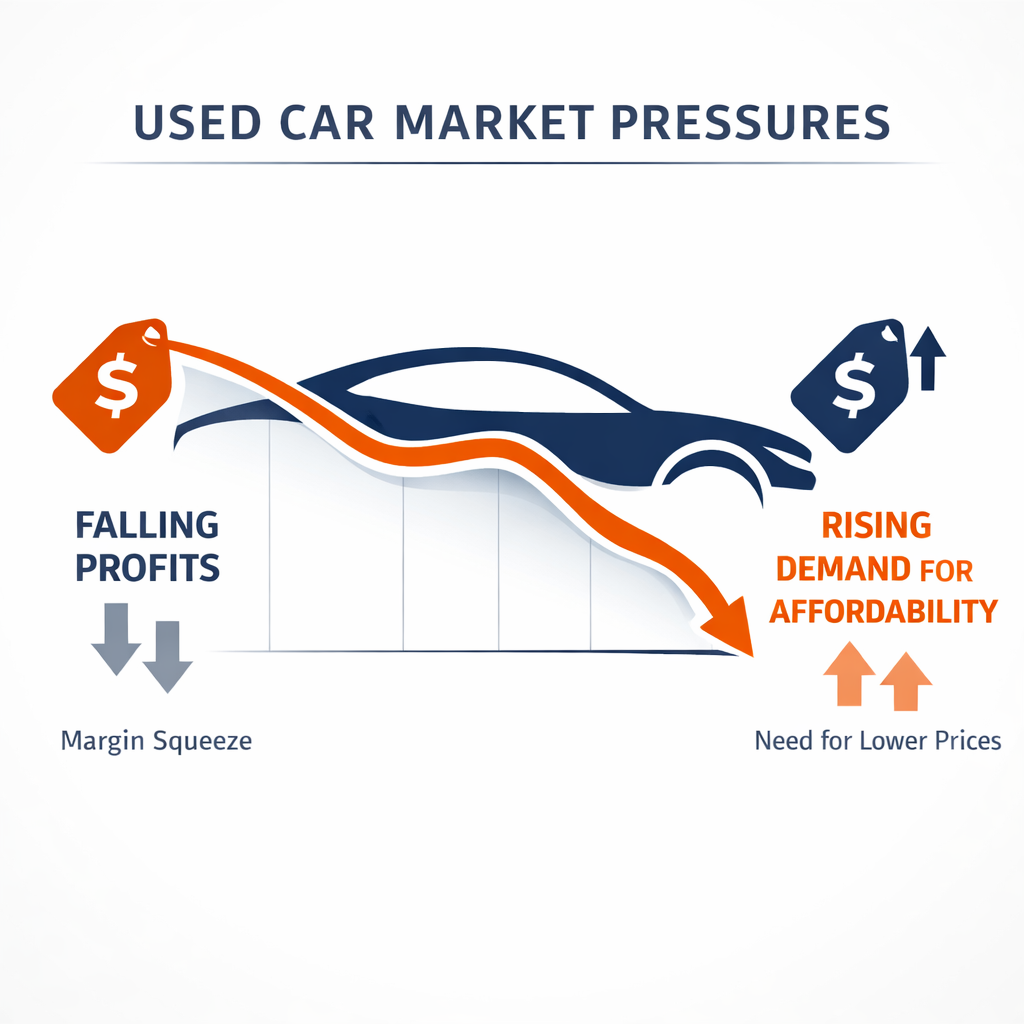 Illustration of used-car market margin pressure and affordability shift following CarMax GPU decline