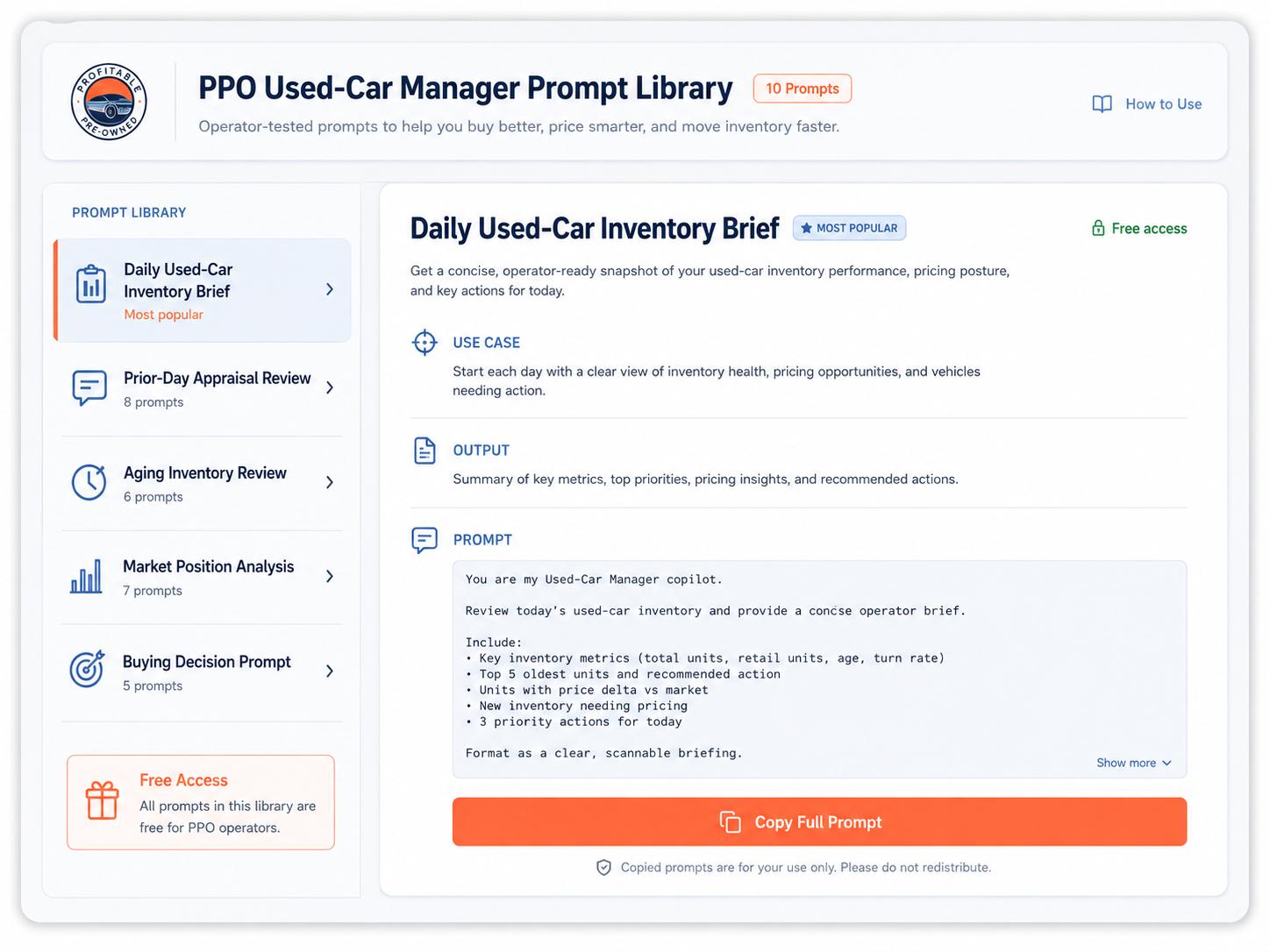 PPO Used-Car Manager Prompt Library interface featuring daily inventory, appraisal, aging inventory, market position, and buying decision prompts with one-click copy access.