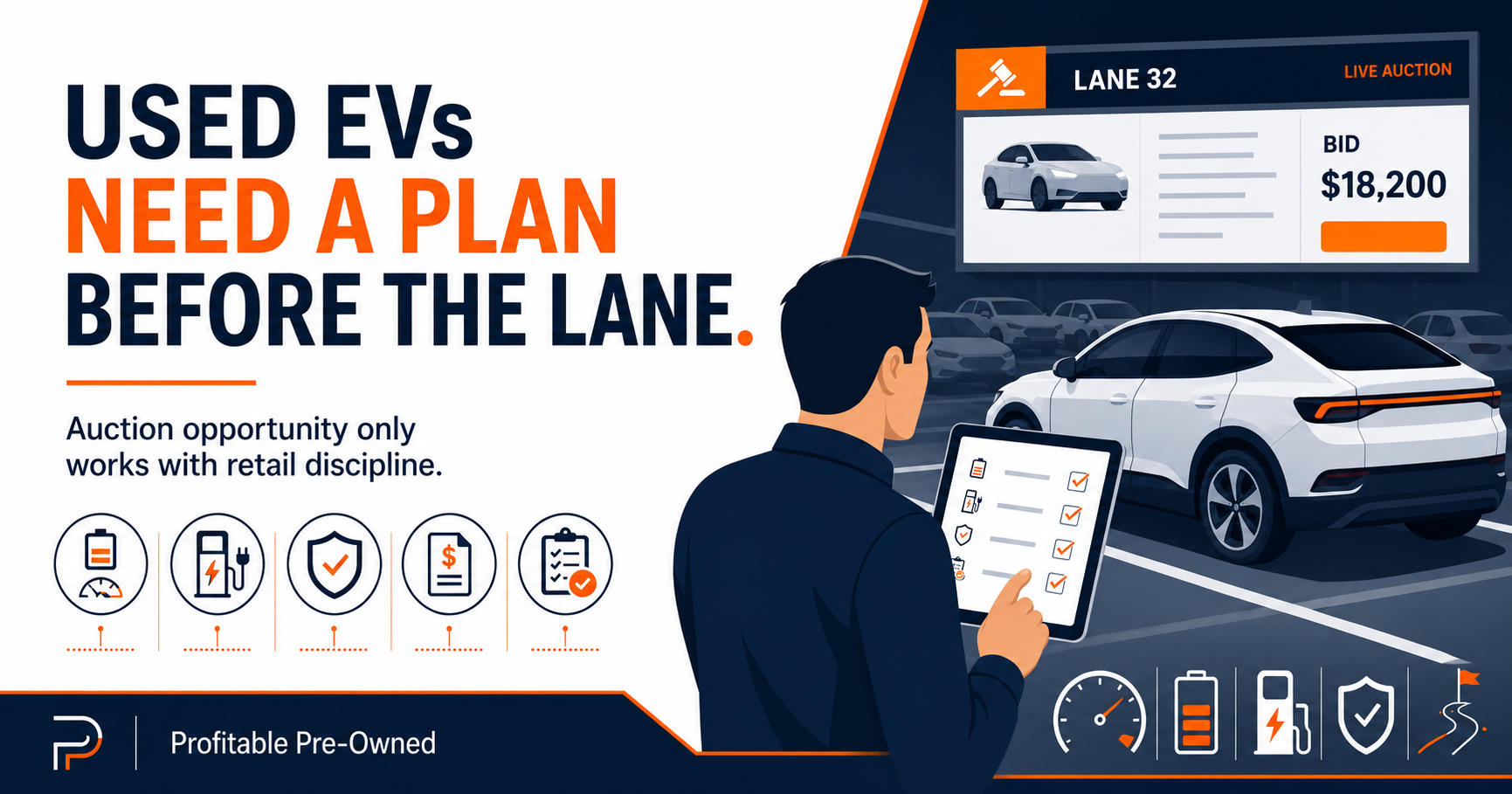 Dealer reviewing a used EV auction opportunity with a checklist for range, charging, warranty, payment, and exit plan.