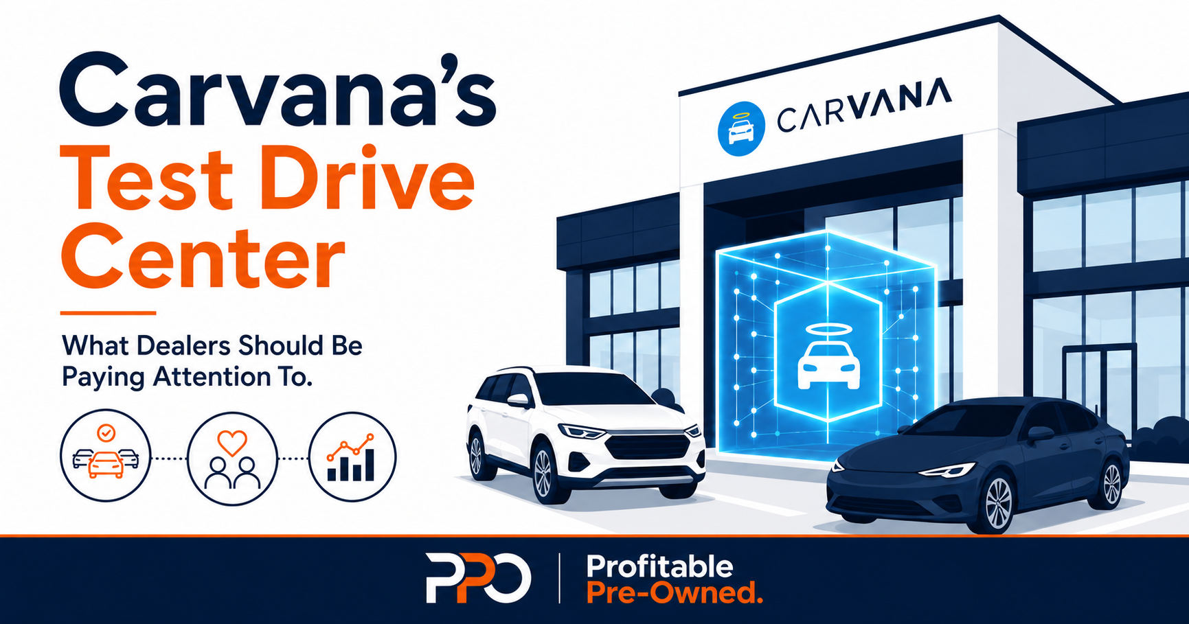 **Alt text:** Illustration of Carvana’s Test Drive Center with vehicles outside a digital showroom, highlighting what used-car dealers should pay attention to in the evolving retail process.