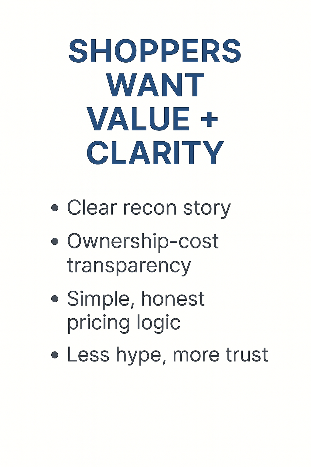 Graphic highlighting how shoppers prioritize value, recon transparency, and ownership cost clarity.