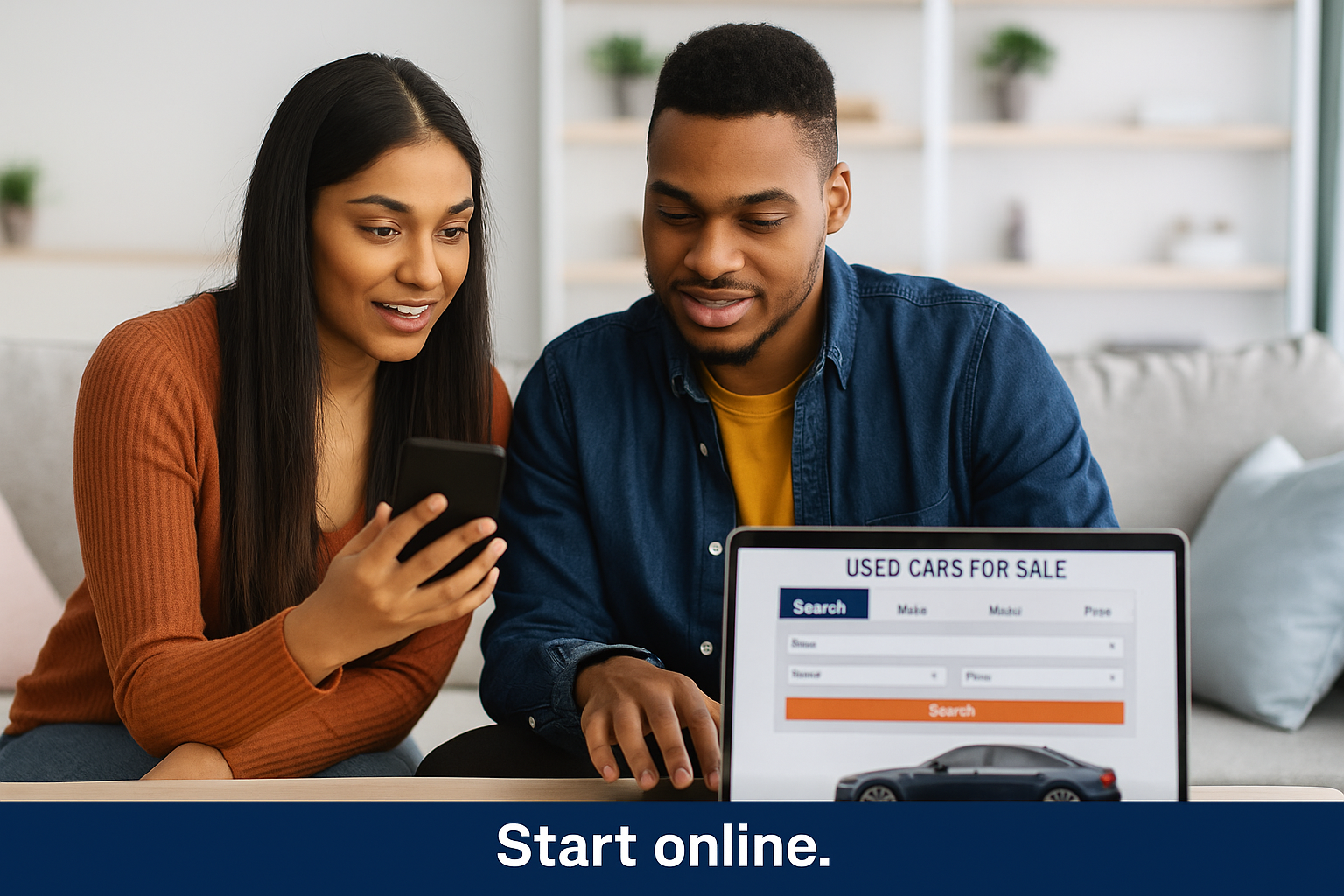 young car buyers researching used cars online on mobile devices