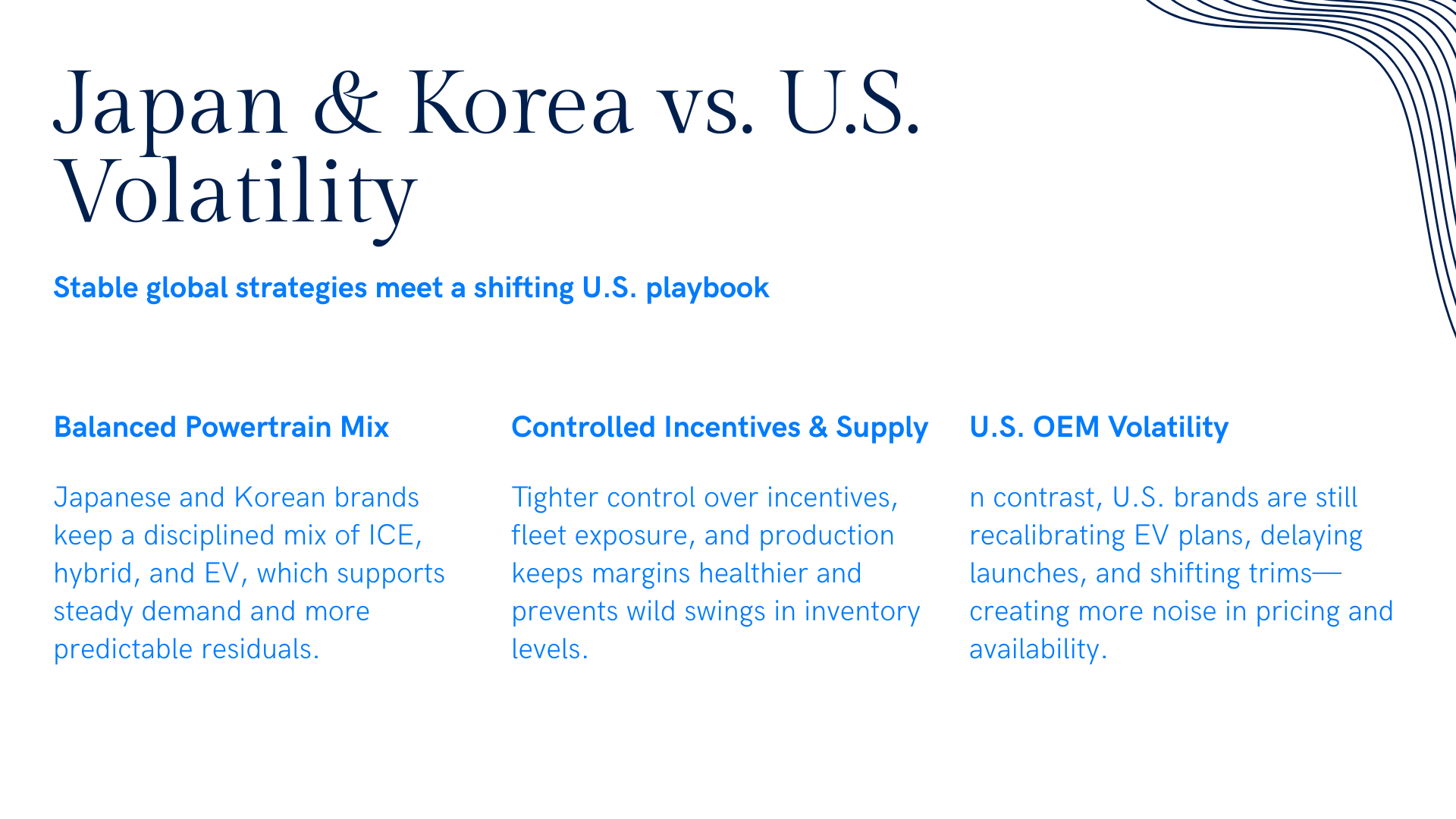 Infographic comparing the stable powertrain mix and controlled incentives of Japanese and Korean OEMs with the more volatile EV and pricing strategy of U.S. brands.