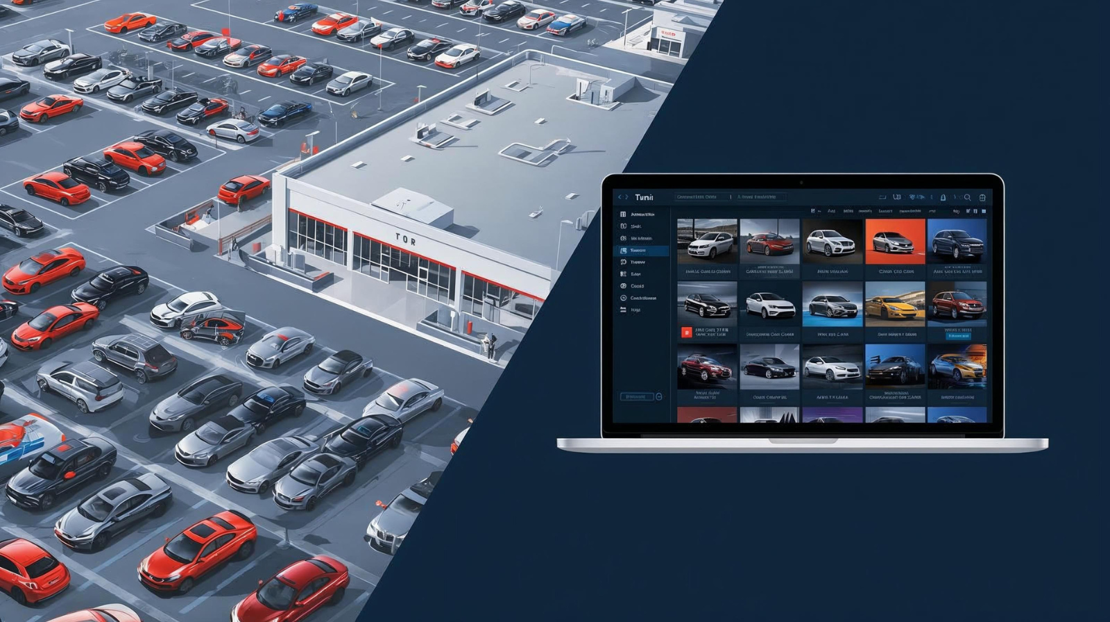 Split-screen illustration of a traditional dealership lot on one side and a digital car-buying interface on the other.