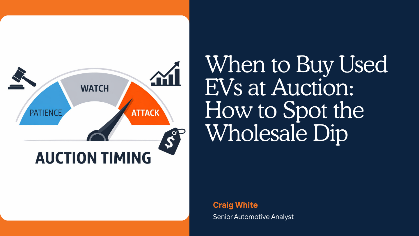 Infographic showing auction timing dial with patience, watch, and attack zones illustrating when to buy used EVs at wholesale based on spread and MMR movement.