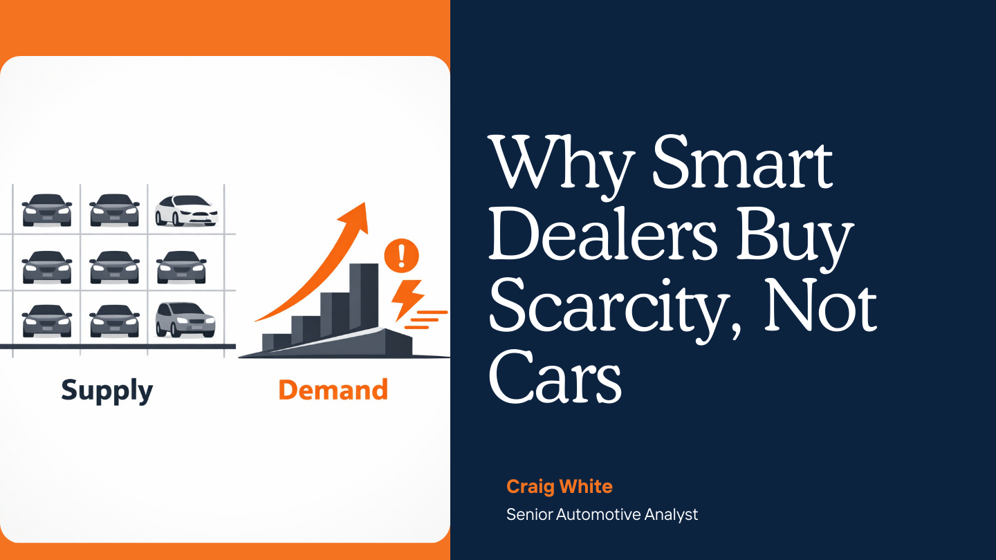 Executive infographic illustrating used-car scarcity, inventory imbalance, and faster-turning vehicles in retail automotive