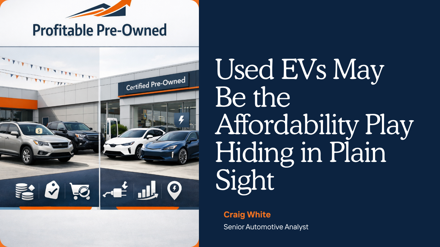 Modern used EVs and traditional used cars displayed on a dealership lot, representing the growing affordability opportunity in the used EV market as shoppers trade down from higher-priced new vehicles.