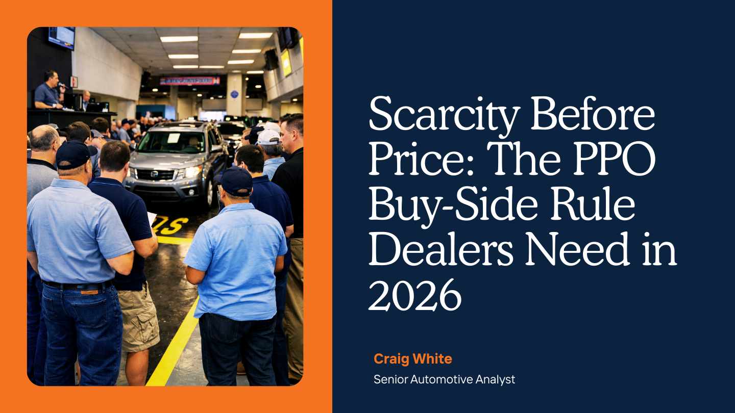 Abstract automotive market view showing scarce inventory signals and disciplined acquisition strategy.