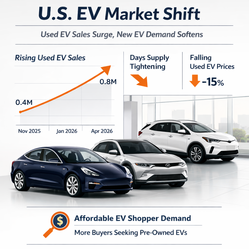 Executive infographic illustrating the 6-month U.S. used EV market surge from November 2025 through April 2026, featuring rising sales trends, tightening inventory supply, and affordable pre-owned EV demand using Profitable Pre-Owned branding colors and realistic EV vehicles.