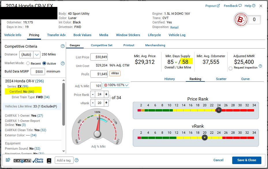 2024 Honda CR-V EX non-CPO competitive-set view showing 58 like-mine days’ supply, a $29,312 average listing price, and a 250-mile search radius.