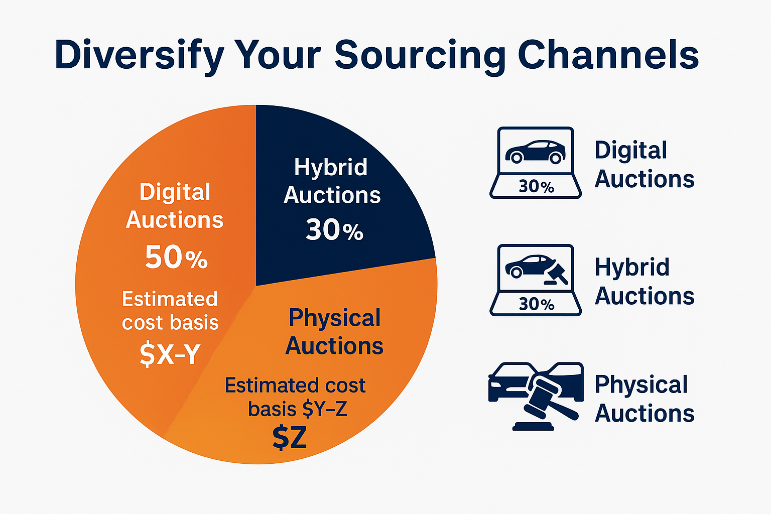 Infographic showing diversified sourcing channels including digital, hybrid, and physical auctions