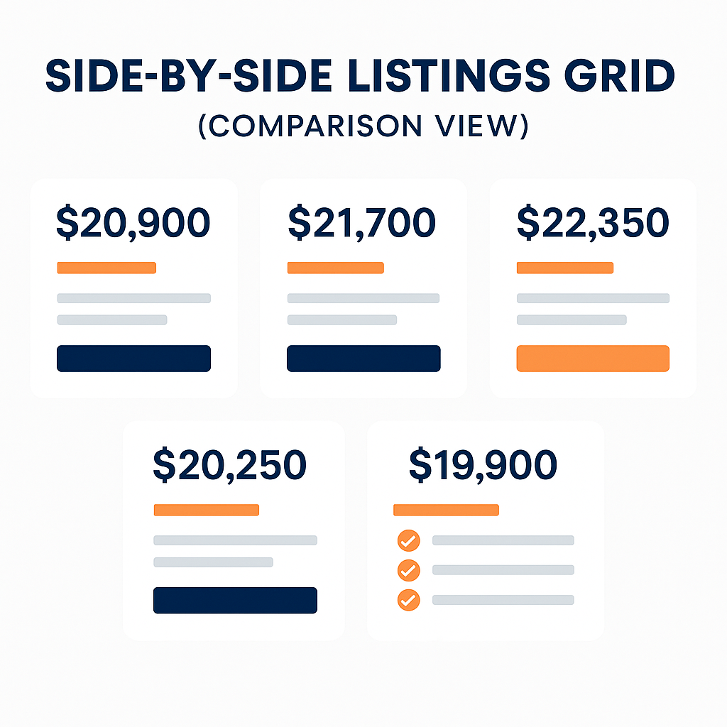 Grid of used-car listings shown side by side with prices and key features highlighted