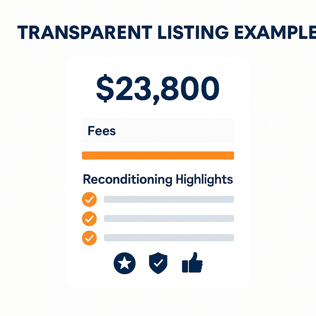 Dealer listing with clear pricing, fees, and reconditioning highlights called out