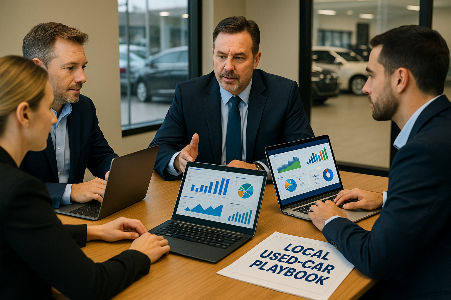 General manager and used-car team reviewing a local market playbook and dashboards in a conference room