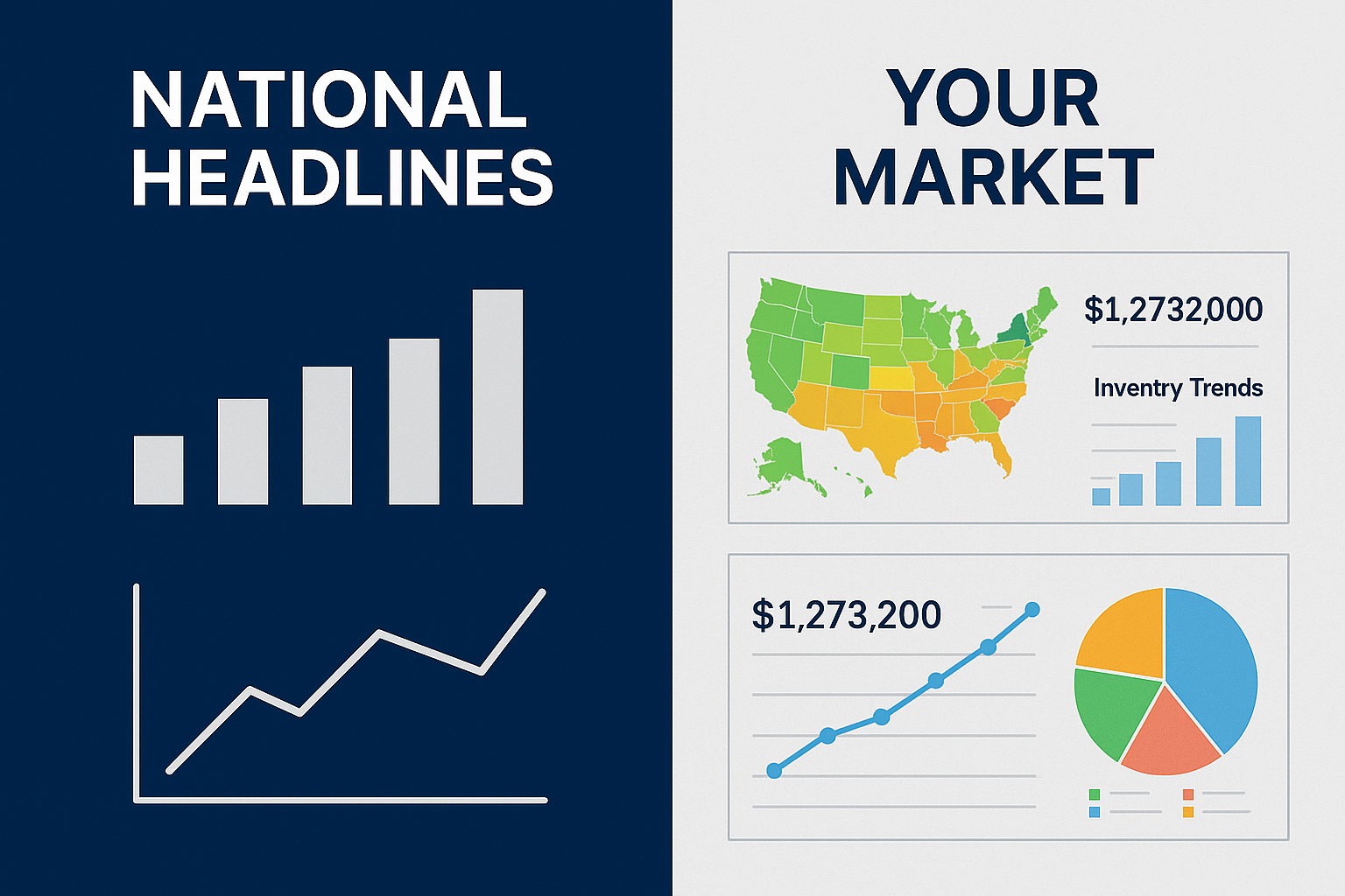 Split image contrasting national automotive headlines with local market data charts