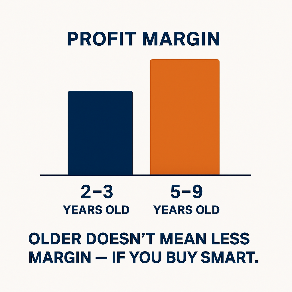 Infographic comparing margin potential on 2–3 year vs 5–9 year used vehicles