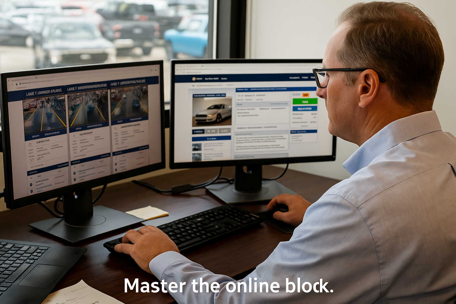 Dealer managing live digital auction on laptop, reviewing condition reports and vehicle images