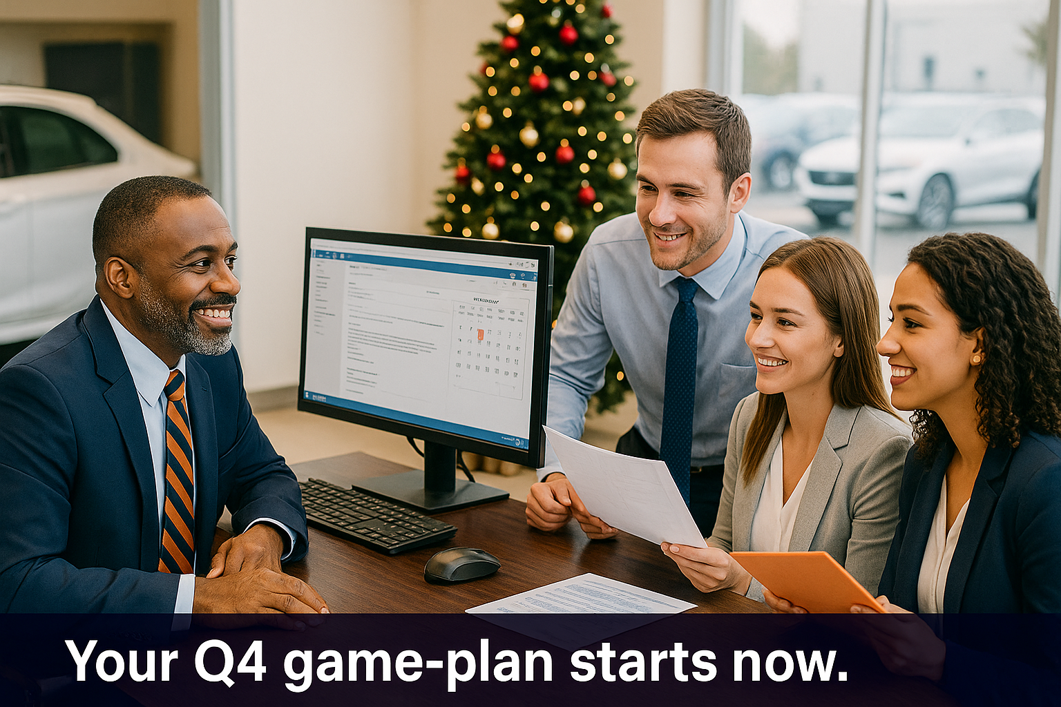 Dealership management team planning Q4 campaign with calendar and inventory dashboards