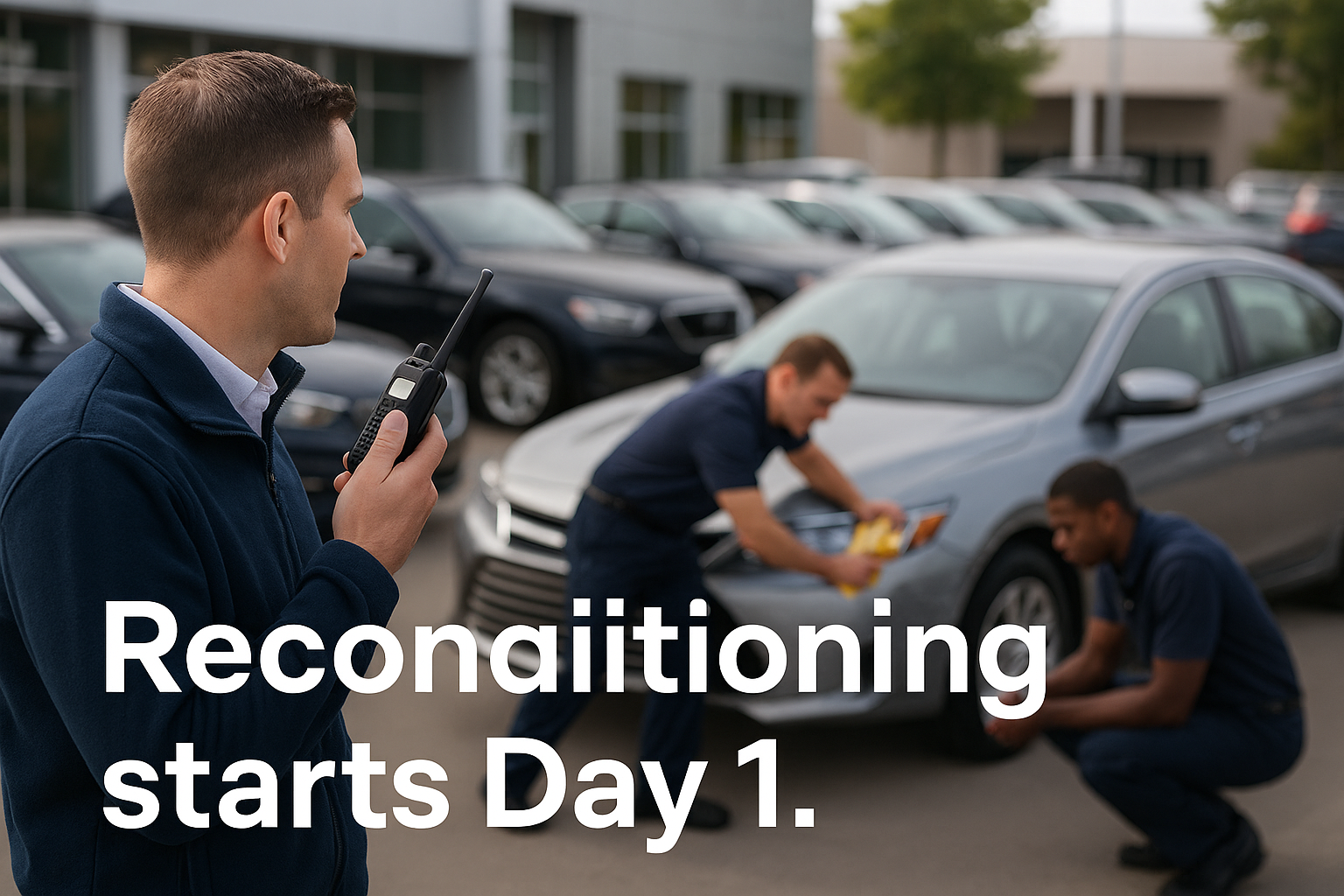 Dealership reconditioning team working on used car day of arrival