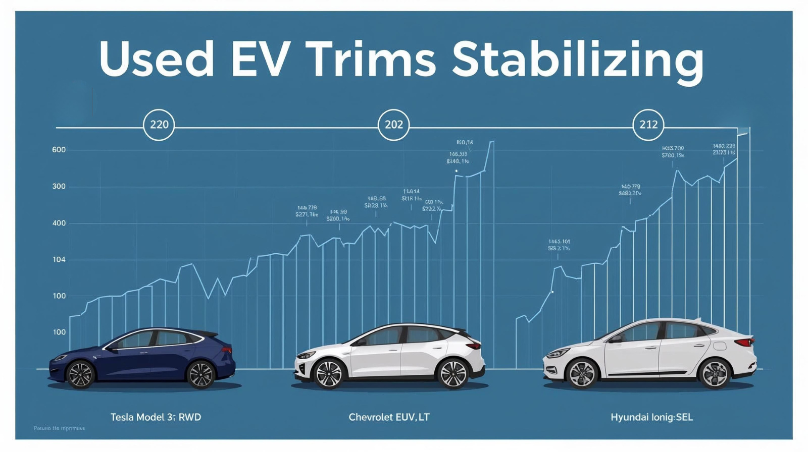 Infographic showing the used EV trims stabilizing such as Tesla Model 3 RWD, Bolt EUV LT, and Ioniq 5 SEL.
